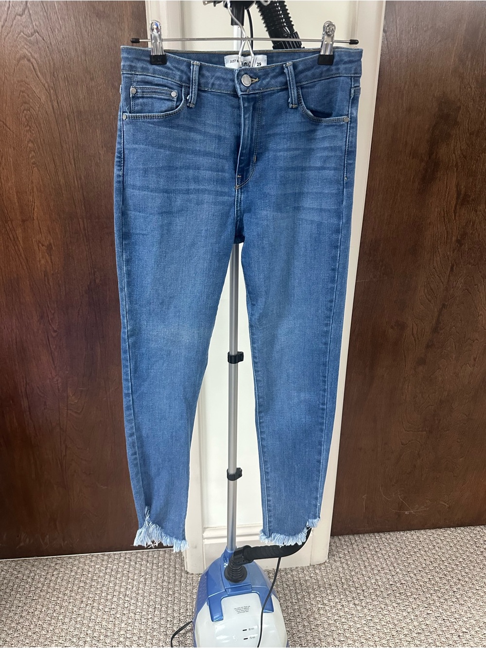 Just Black Medium Blue High-Rise Cropped Skinny Jeans with Frayed Hem